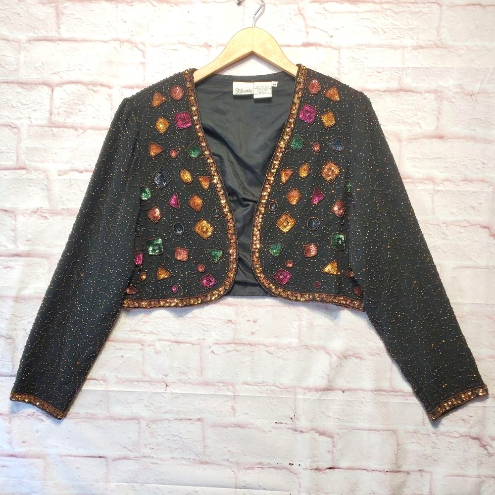 Styleworks Jacket Womens 14 Black Beaded Sequin Crop Bolero Evening Party Topper